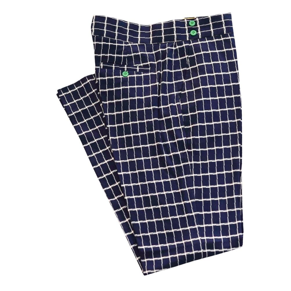 Mens Gurkha Pants 36 Navy Cream Windowpane Flat Front Slim Fit Wool Trousers